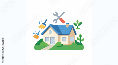 House undergoing renovation with cleaning tools plants and tools