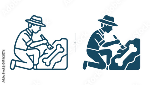 Bild auf Leinwand Archaeologist at Work: A diligent archaeologist, dressed in a safari hat, meticulously excavates a fossilized bone from a rock formation