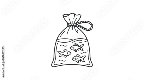 Hand drawn illustration of three small goldfish swimming inside a tied plastic bag.