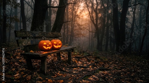 Glowing jack o lanterns on a wooden bench in a spooky forest