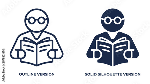 Canvastavla Person Reading Book Icon: Two stylized icons depict a person wearing glasses, engrossed in reading a book