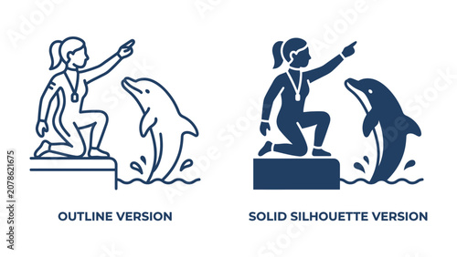 Foto Dolphin Trainer and Dolphin: A stylized illustration depicts a female dolphin trainer in a crouched position, pointing towards a dolphin, with both outline and solid silhouette versions presented