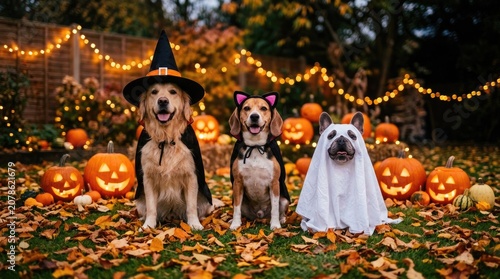 Three dogs in halloween costumes sitting on grass with pumpkins and lights