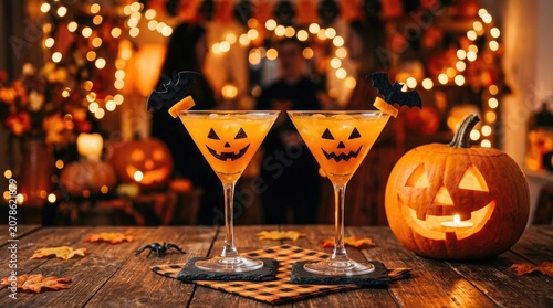 Halloween cocktails with jack o' lantern garnish and festive pumpkin display