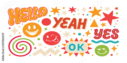Tableau sur toile Colorful retro pop art stickers with funny faces and positive words like hello y