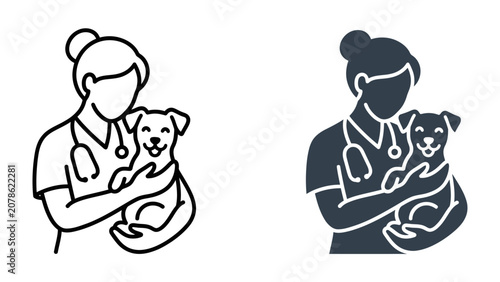 Foto Veterinarian and Dog Icon: A simple, clean icon set depicting a veterinarian holding a happy, smiling dog