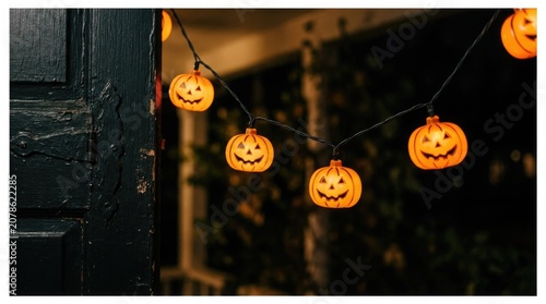Halloween pumpkin string lights on a black door