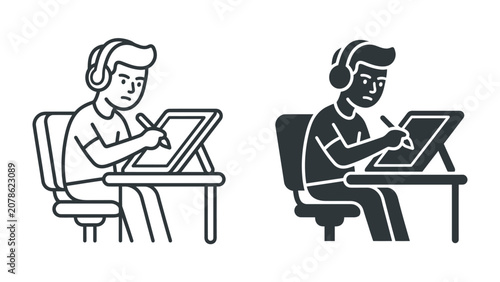 Obraz na płótnie Graphic Designer at Work: A person wearing headphones sits at a desk, engrossed in drawing on a digital tablet with a stylus, depicted in both line art and silhouette styles