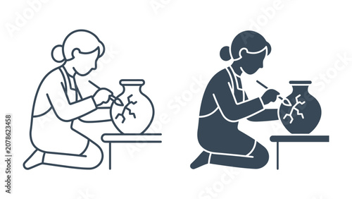 Obraz na plátně Ceramic Artist at Work: An artist meticulously decorates a ceramic vase, showcasing the dedication and skill involved in pottery and artistic craftsmanship