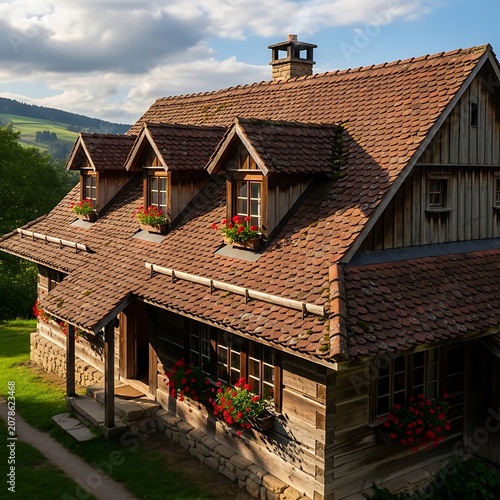 Traditional Wooden House with Red Tiled Roof in Countryside Landscape.