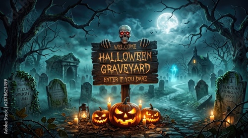Spooky halloween graveyard scene with glowing pumpkins and eerie sign