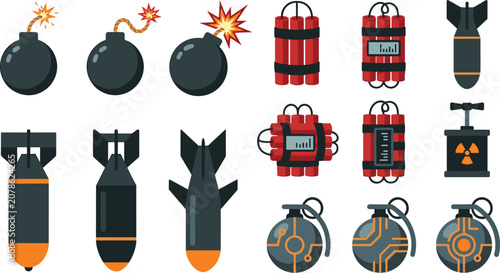 Canvastavla Explosive Weapon Icon Set with Cartoon Bombs Dynamite Sticks Missiles and Grenad