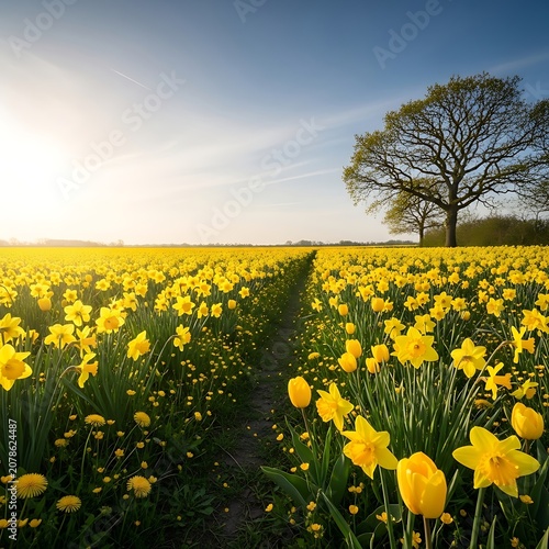 Vast Yellow Daffodil Field with Tree Under Blue Sky.