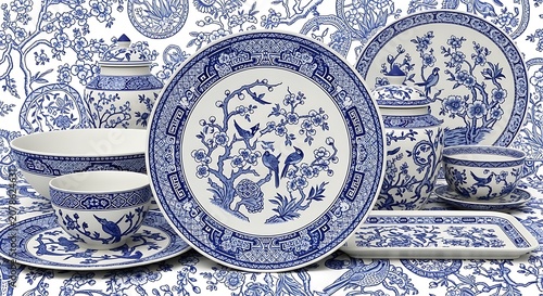 Elegant Blue and White Chinese Porcelain Dishware Set Displayed.