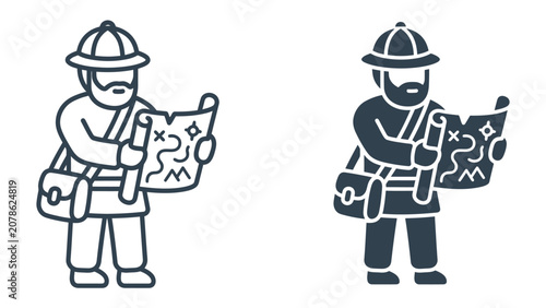 Fotografía Explorer with Treasure Map: An adventurer in a pith helmet studies a detailed treasure map, his satchel slung over his shoulder, ready for a grand expedition