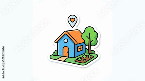 A cartoon house with a heart-shaped pin above it