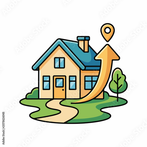 A cartoon house with a path tree and rising arrow with pin