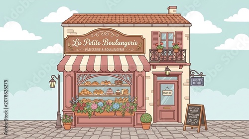 Charming french bakery shop front illustration, la petite boulangerie with pastries in the window, flowers, and a street sign on a cobblestone sidewalk