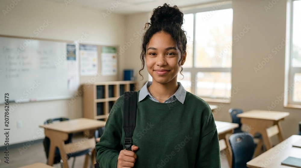 Obraz premium Beautiful mixed race teenage girl student smiling at the camera inside an empty modern classroom. Higher education, college lifestyle, back to school, and youth portrait concept.