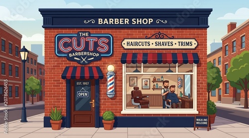 Exterior view of a classic brick barbershop on a city street with a barber cutting a customers hair inside, vintage style storefront with neon sign