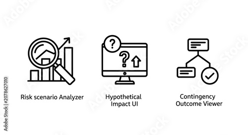 Risk scenario analysis and contingency planning UI icons set with analysis scenario business planning contingency evaluation management strategy interface magnifying decision development