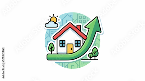 A cartoon house with red roof and green arrow
