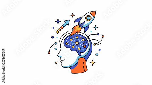 A cartoon human head with a brain full of neurons and a rocket ship launching