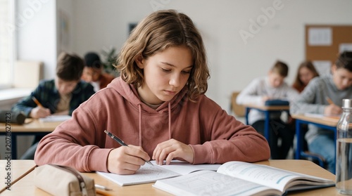 Concentrated teenage schoolgirl writing in notebook at classroom desk high school exam test focused study process commercial education concept youth learning
