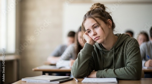 Bored tired teenage student girl sitting at desk in classroom during lecture, exhausted thoughtful high school female pupil looking away, education problems and lack of motivation concept