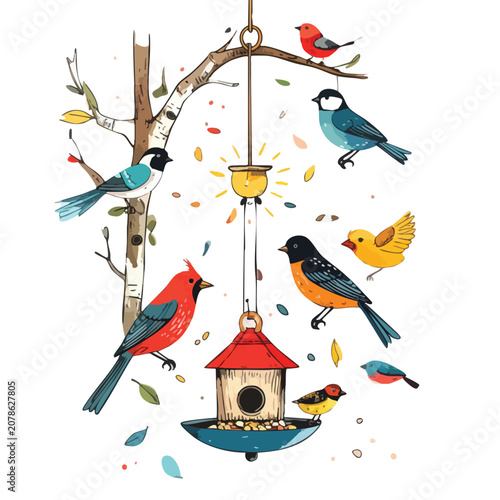 Watercolor illustration of various colorful wild birds gathered around a rustic wooden bird feeder.