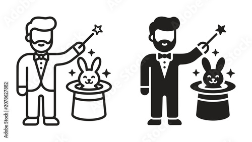 Bild auf Leinwand The Illusionist's Art: Two stylized icons depict a magician in a tuxedo, holding a wand and conjuring a rabbit from a top hat, embodying the wonder of magic