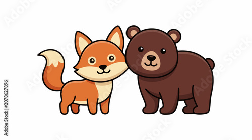 A cartoon illustration of a brown bear and an orange fox standing side by side