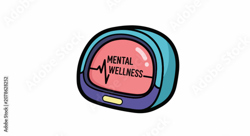 A cartoon illustration of a health monitor displaying mental wellness