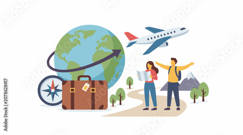 A cartoon illustration of a man and woman with a globe suitcase and airplane