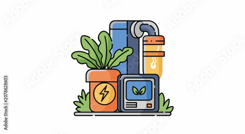 A cartoon illustration of a plant in a pot with a lightning symbol a computer with a leaf on the screen and industrial