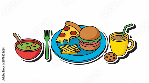 A cartoon illustration of a meal with soup pizza burger fries drink and cookie