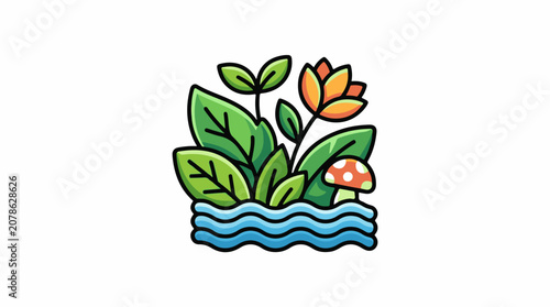 A cartoon illustration of a plant with green leaves an orange flower and a mushroom growing out of wavy blue water