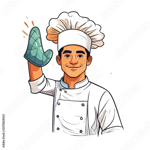 Illustration of a smiling professional chef wearing a white uniform and tall hat.