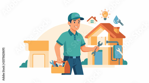 A cartoon illustration of a repairman with tools