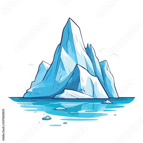 Illustration of a majestic blue iceberg floating in the arctic ocean.