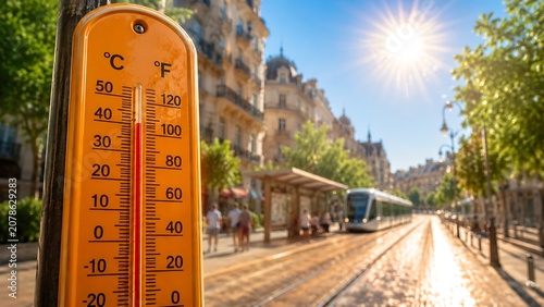 Hotwafe concet : A vibrant orange thermometer showing dangerously high temperatures during a scorching summer heatwave in a sunny European city.
