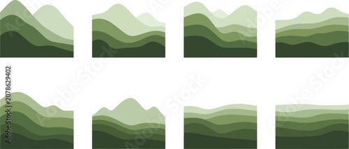 Abstract layered green mountain landscape illustrations.