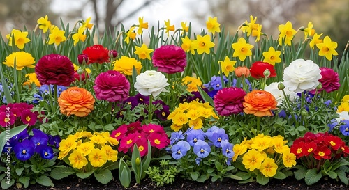 Colorful Flower Garden with Bright Blooming Plants.