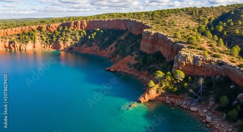 Scenic View of Red Cliffs and Blue Lake Landscape.