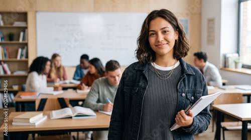 Portrait of confident smiling Latina college student holding notebook in high school classroom background. Diverse university youth, modern education, higher learning success concept.