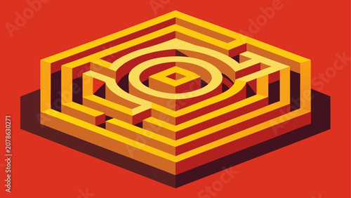 Foto Hexagonal maze, 3D labyrinth, yellow paths, red background, puzzle game