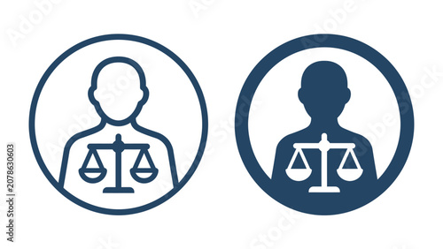 Konstfotografi Justice and Equality Icons: Two stylized icons representing justice and equality, featuring a human silhouette with a balanced scale of justice