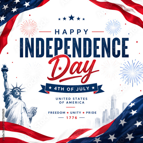 US Independence Day Celebration Poster Featuring American Flags and Statue of Liberty Design for Instagram Post