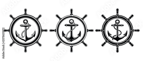 Quadro su tela Ship Wheel and Anchor Vector Set, Nautical Helm Emblems with Rope Detail for Mar