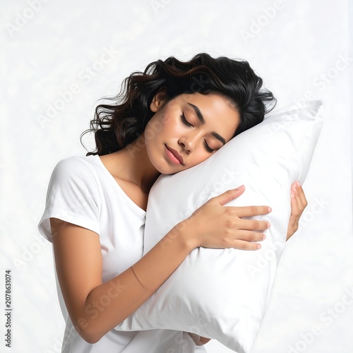A serene woman with dark, curly hair rests her head on a pillow